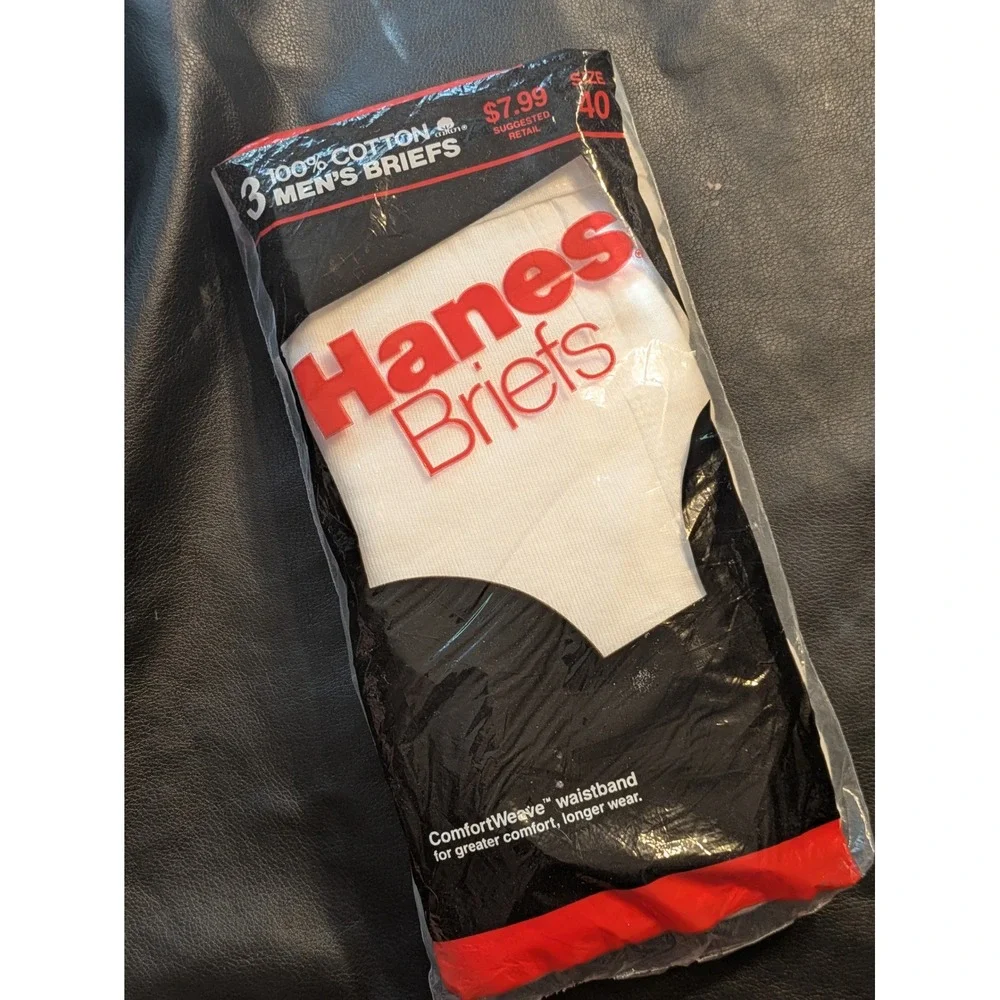 Vintage 1985 Hanes Mens Briefs 3 Pack White 100% Cotton Made in USA Size 40 NEW - Picture 1 of 4